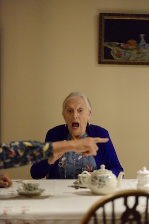 An elderly woman shouting over afternoon tea