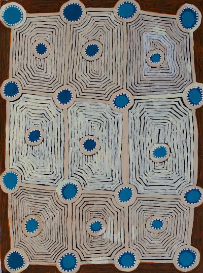 An abstract picture depicting rockholes as blue spots against a background of white lines on brown background.