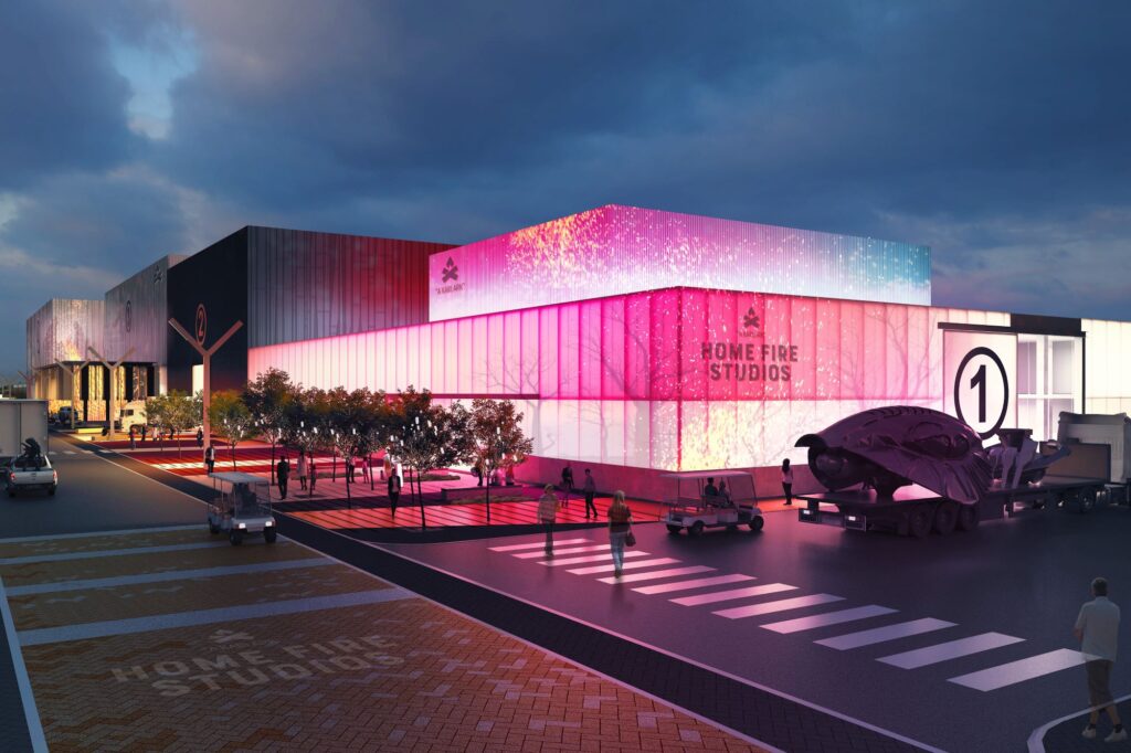 An artist's impression of a two-storey building lit with pink lights