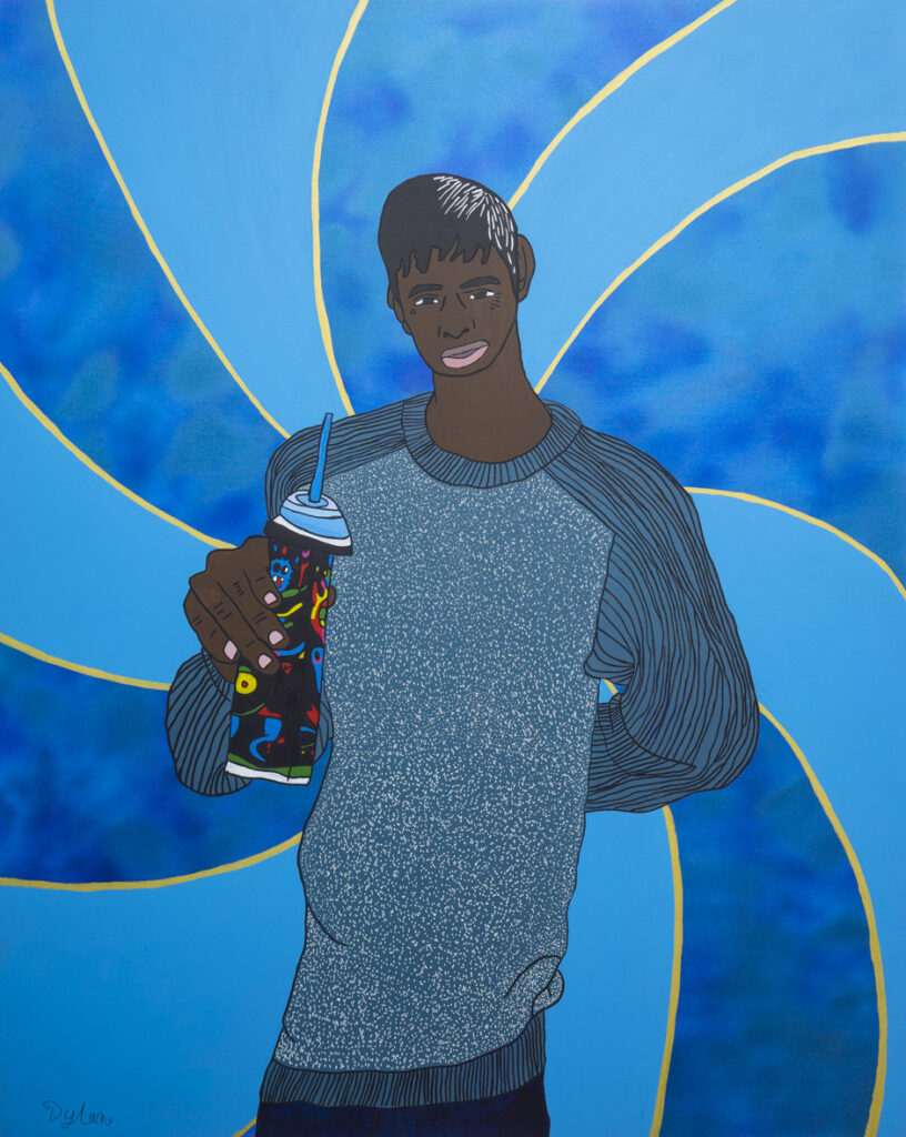 A painting of a man of colour, dressed in a blue raglan sleeved t-shirt, holding a blue slurpee in one hand. Two shades of blue swirl and spiral in the background.
