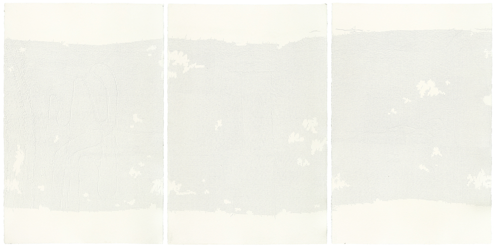 A triptych of white panels, with landscape like images made of tiny pinholes., 