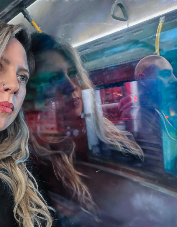 A painting of a woman on a train. Only part of her head is visible in the frame but we can see her full face in the window's reflection as well as the man sitting next to her.