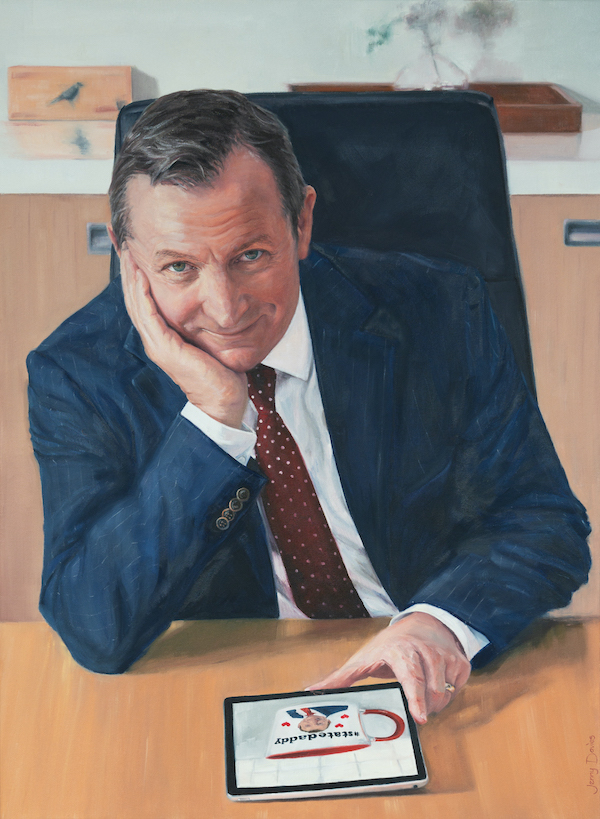 A painting of Mark McGowan, sitting at his desk, with his face resting on one hand. The other hand holds an ipad with a picture of a mug with his face on it and the word #statedaddy.