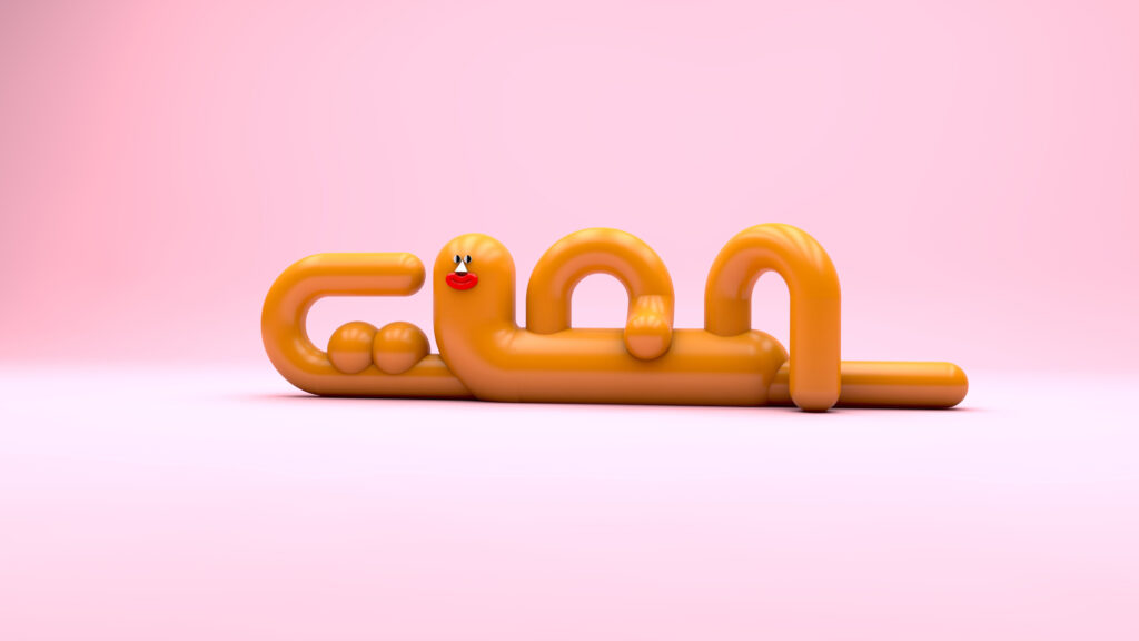 A person made of orange tubes, with a cartoon face, lies on its side, flexing its biceps.