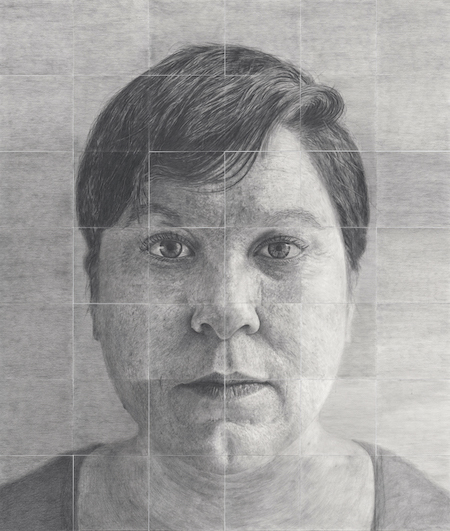 A graphite image of a woman. She has short hair and freckled skin and gazes impassively at the viewer.