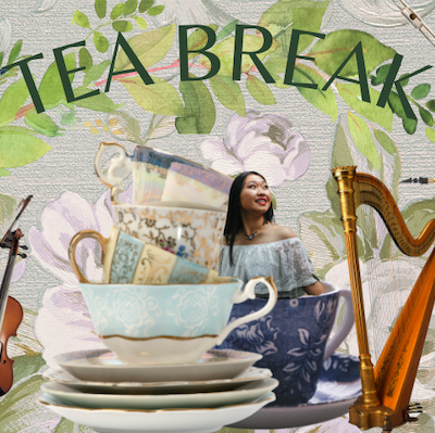 Promotional image for 'Tea Break' a show at Fringe World 2022. Pictured is a stack of tea cups and plates, in one tea cup a young asian woman emerges looking gleefully in the distance. On both sides of the image you see a violin on the left and harp on the right.