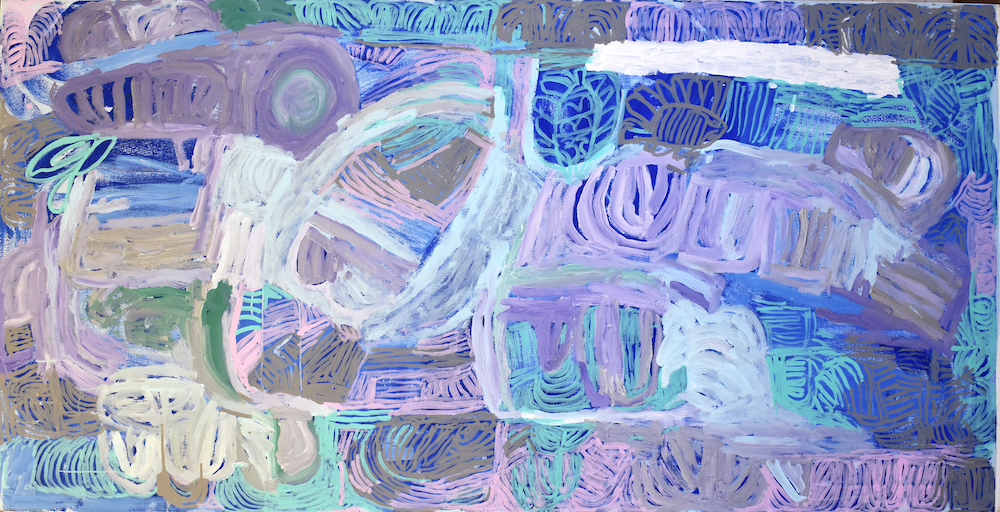 An artwork featured at Lawrence Wilson art Gallery, the art features a variety of blues and purples.