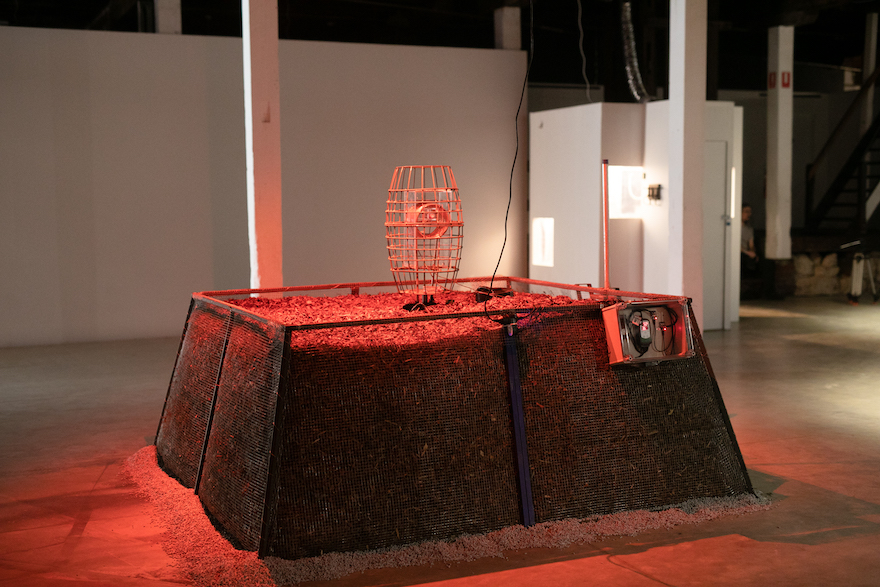 Pictured is a open cage of what appears to be dirt, it is lit up by a red hue and in the centre is another cage like object in a cylinder shape.