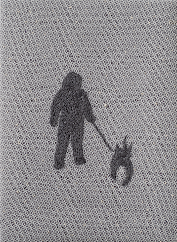 Pictured is artwork by Anne Williams, it appears to be an embroidery of a figure walking a pet cat or dog.