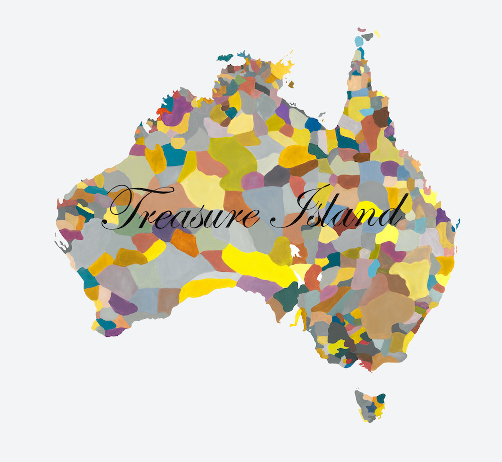 A map of Australia showing the First Nations language groups in different colours. Across the map are the words Treasure Island.