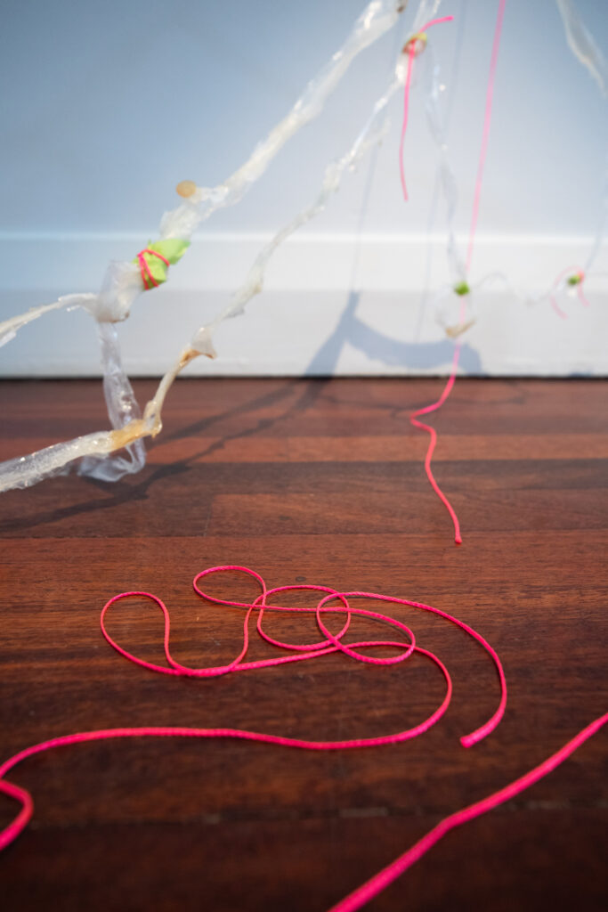 A detail of a sculpture. In the background is what looks like branches made of clear acrylic, bound in one place by fluorescent thread. Fluoro pink threads are scattered in the foreground and hang off the sculpture.