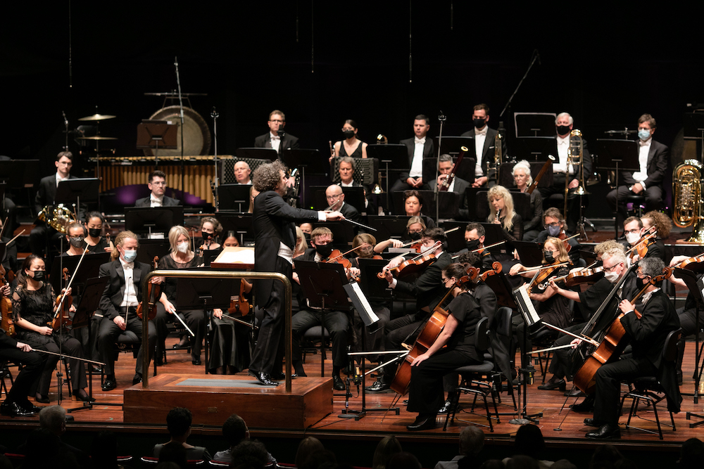 Pictured is The West Australian Symphony Orchestra, we see a group of musicians in all black holding or playing their instruments. 