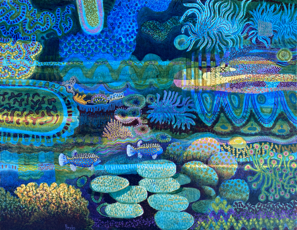Leon Pericles' 'Competition with God' is a depiction of an underwater scene painted in vivid blues, greens and yellows. The effect is like a quilt or collage.