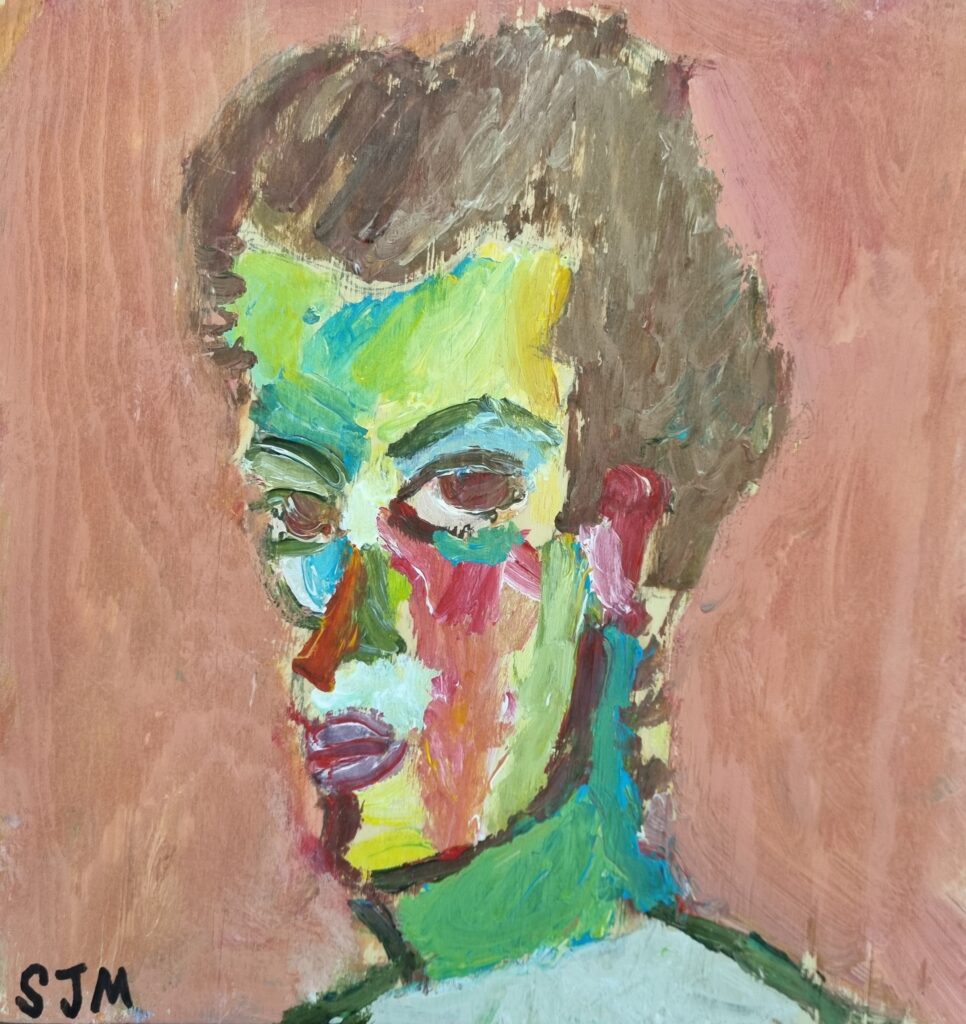 A painted portrait of a person. Their face has multicoloured patches of colour and their skin is depicted in a pale lime green with accents of turquoise