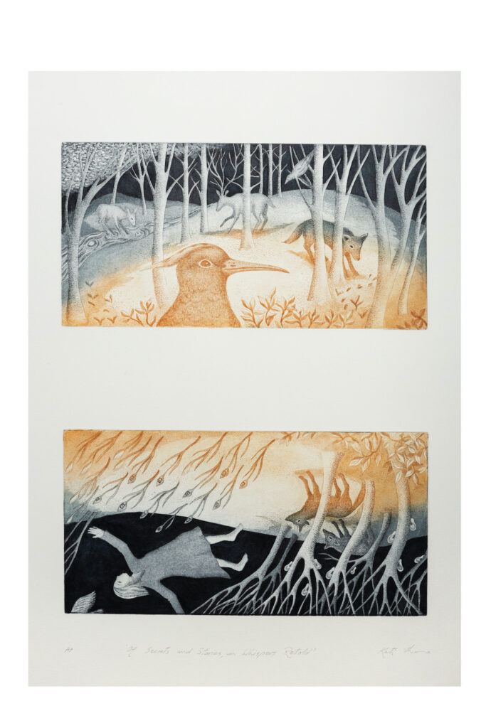 Two etchings sit on one page, one above the other. The top one shows animals in a forest, the bottom image is similar except it is upside down and a person floats mid air. The effect is whimsical but also dark.