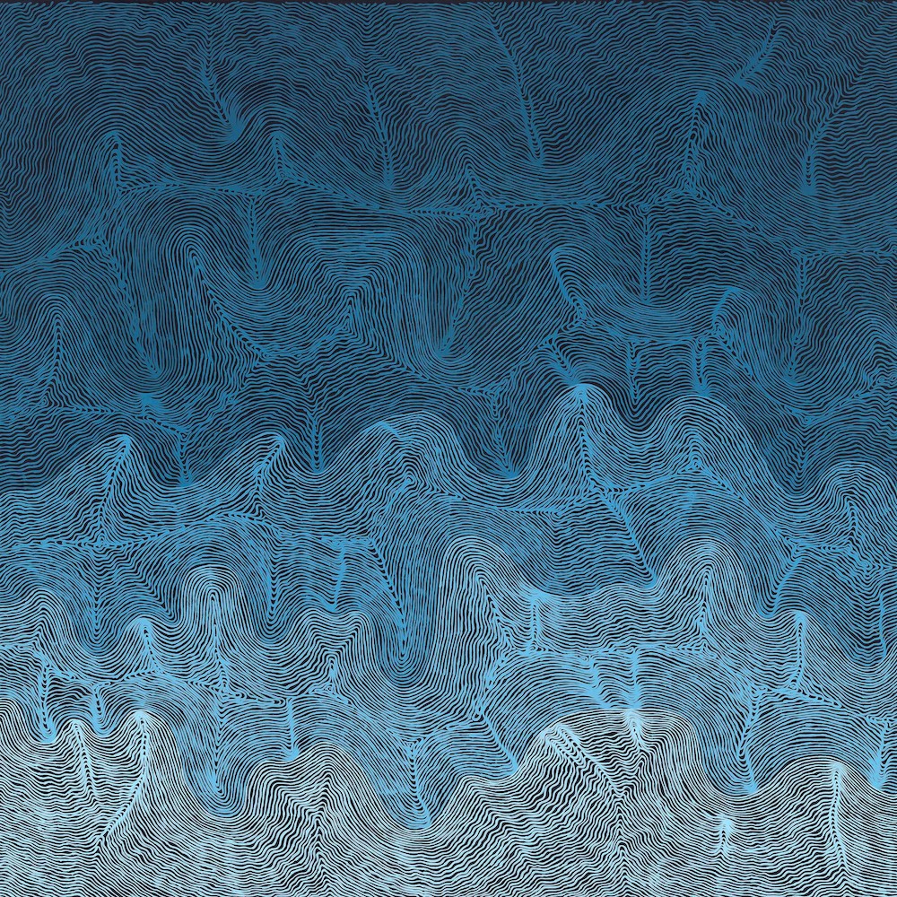 An abstract painting, composted of blue lines on a black background. The lines twist and turn so that they look like the contours of waves or landforms.