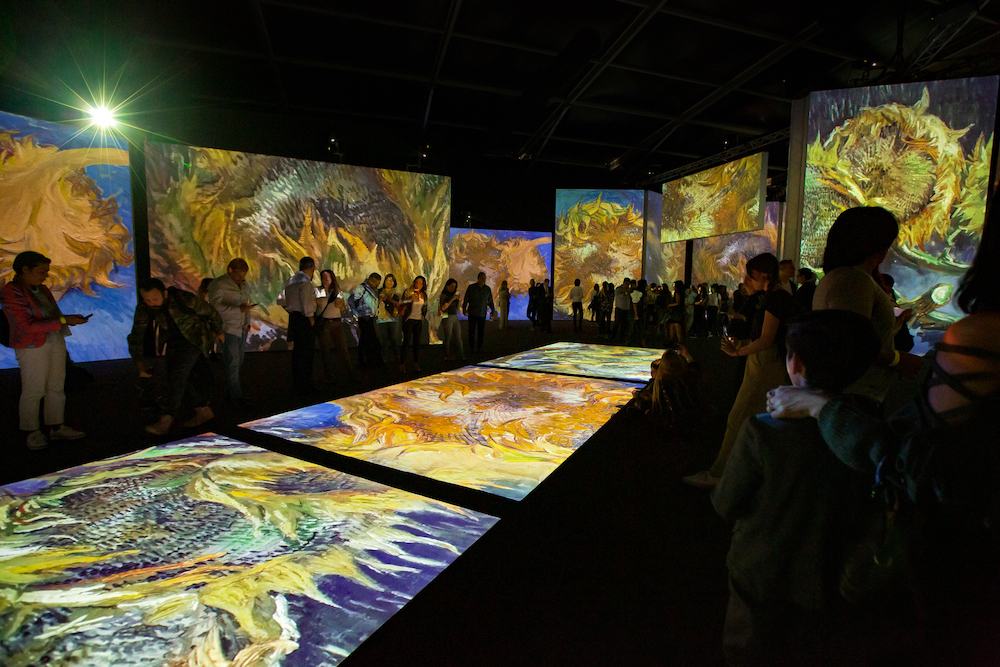 Kids' Gig Guide. A group of people are seen in silhouette gathered around brightly lit panels on walls and the floor showing images taken from paintings of flowers mainly in vibrant yellow tones