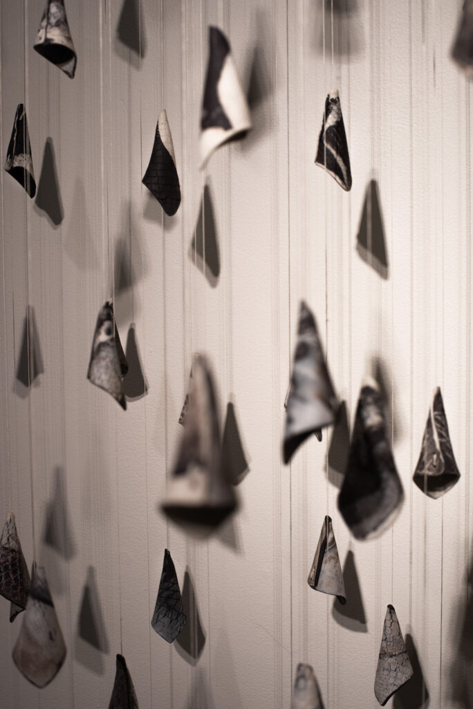Shanti Gelmi's mobile hangs against the wall; many shell-like shapes dangle off strings.