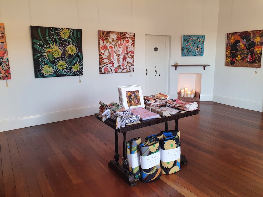 A picture of an exhibition at Wheatbelt gallery The Bank Gallery in Carnamah. The paintings are of wildflowers.