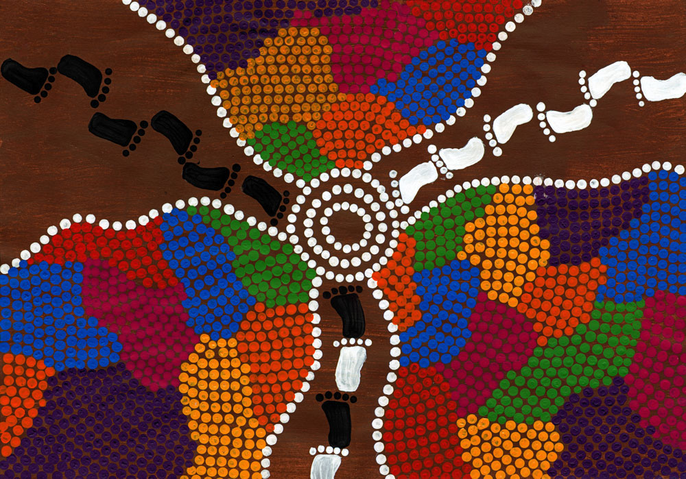 A painting in traditional First Nations style, of foot prints heading towards a central location, surrounded by three islands of multi-coloured dots.