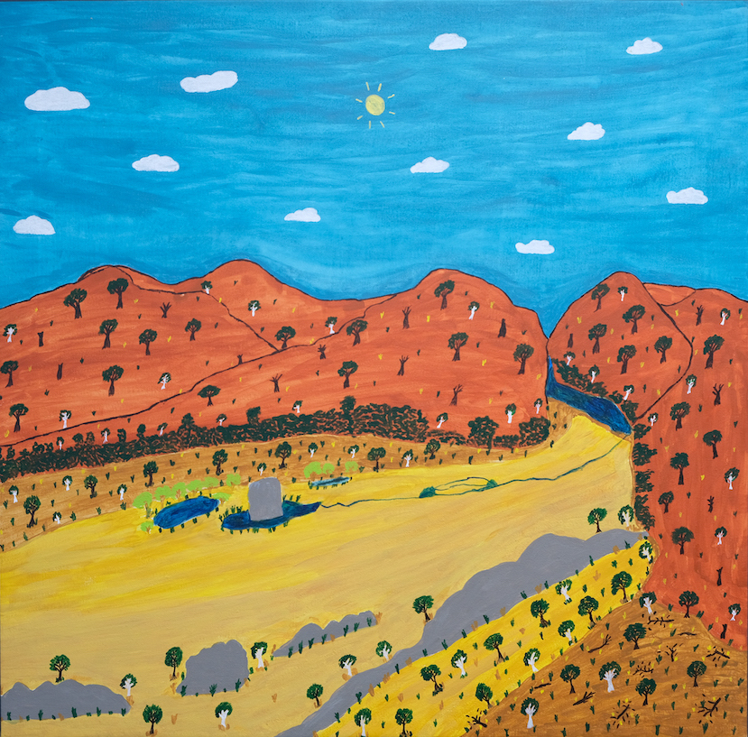 An acrylic painting that depicts rust coloured hills, dotted with trees and a sandy valley. The sky is dotted with stylised white clouds and a child-like sun.