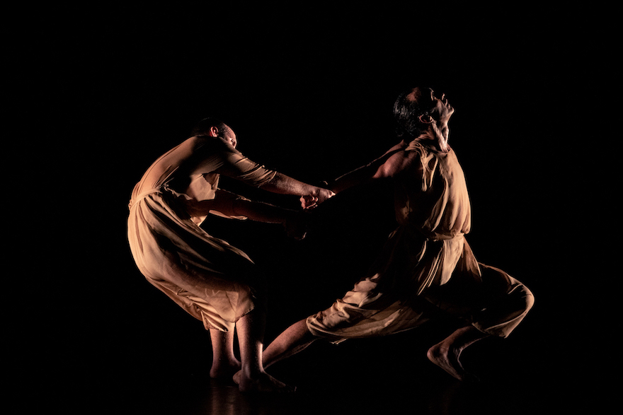 Two dancers bathed in golden light grapple with each other in Douglas Wright's Gloria.