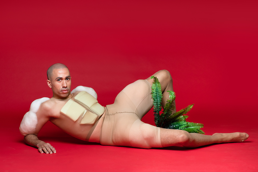 A man clad in flesh coloured underwear with foam and cotton padding lies on a backdrop of red, a leafy branch between his legs. This is promotional photo for D*ck Pics in the Garden of Eden.