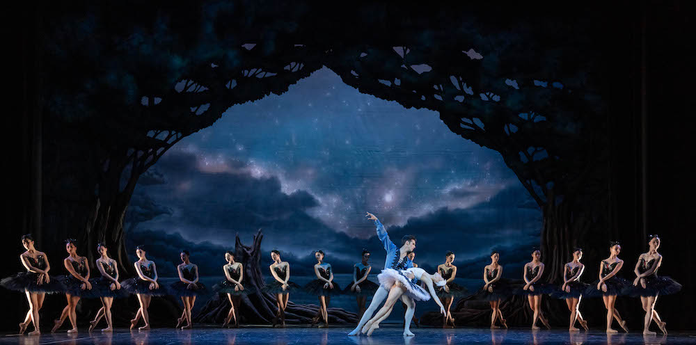 A male dancer in blue tights and jacket holds one arm aloft, bending forward, a woman in a white tutu is arched over his other arm as if dying, arms and head falling back, legs outstretched. Dancers clad in black tutus fan out around them, all striking the same elegant pose. The backdrop is a night sky lit by stars but still giving a gloomy air. This is a scene from West Australian Ballet's Swan Lake.