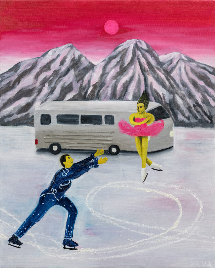 A painting from 'I Have Not Loved (Enough or Worked)' that depicts a pair of ice skaters against a bright red sky.