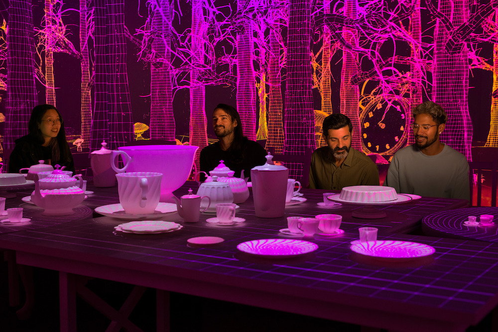 A group of people have been inserted into an animation of a vibrantly violet tea party at Wonderland.