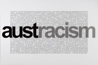 A work from However vast the darkness... The word 'austracism' appears in bold over a background of many other words in a tight paragraph.