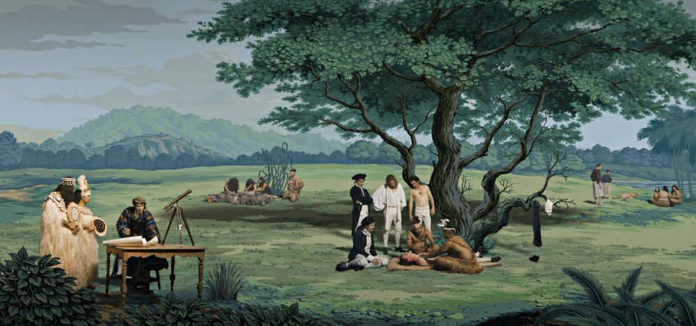 A landscape depicting a colonial scene in which First Nations people appear to be administering medical attention to a coloniser.