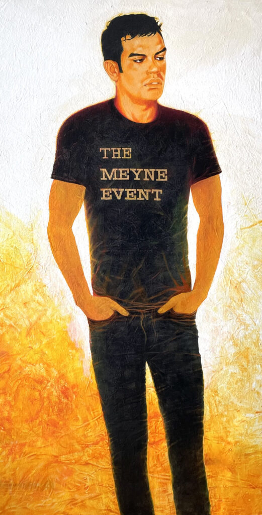 A painting from 'BLAZE' of a young man wearing a black t-shirt that says 'THE MEYNE EVENT'